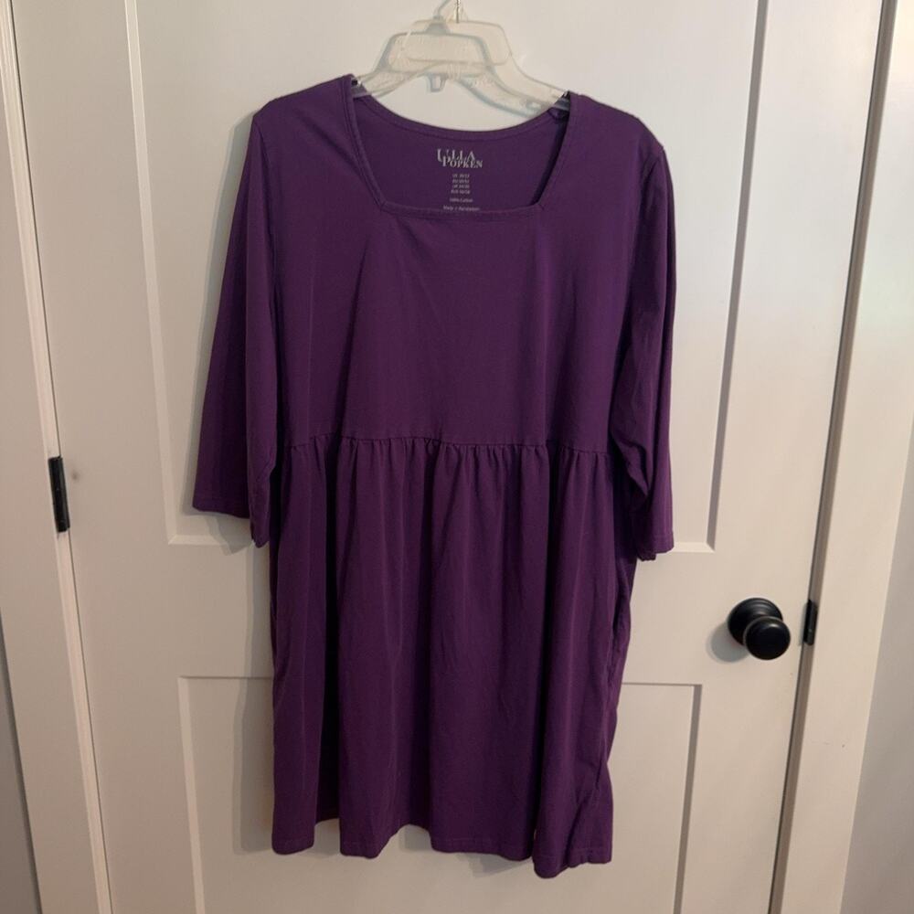 Ulla Popken Dress Plus 20/22 Purple Cotton Square Neck Lagenlook Pockets Comfy